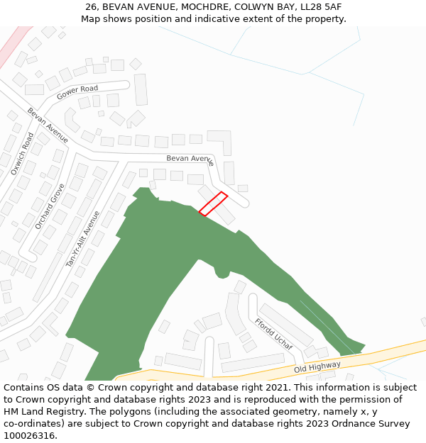 26, BEVAN AVENUE, MOCHDRE, COLWYN BAY, LL28 5AF: Location map and indicative extent of plot