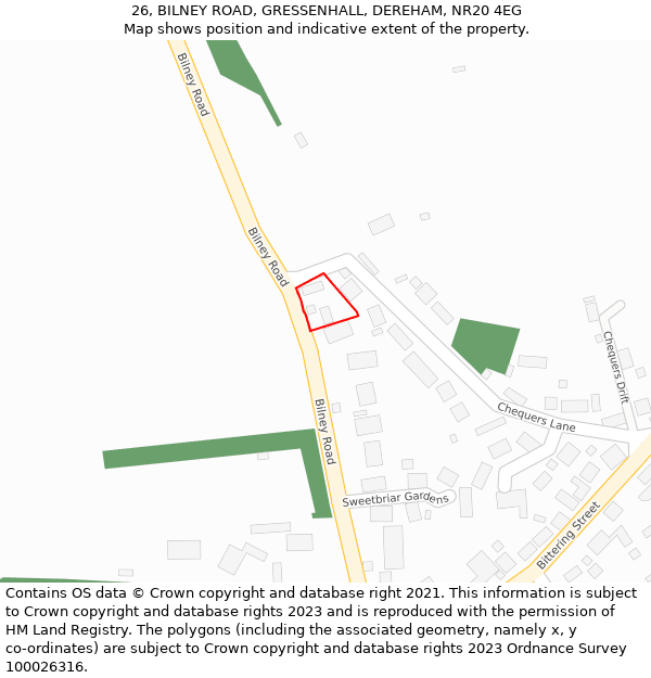 26, BILNEY ROAD, GRESSENHALL, DEREHAM, NR20 4EG: Location map and indicative extent of plot