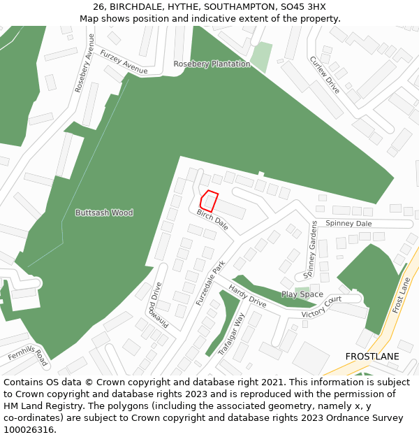 26, BIRCHDALE, HYTHE, SOUTHAMPTON, SO45 3HX: Location map and indicative extent of plot