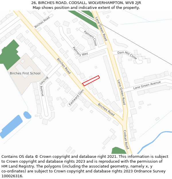 26, BIRCHES ROAD, CODSALL, WOLVERHAMPTON, WV8 2JR: Location map and indicative extent of plot