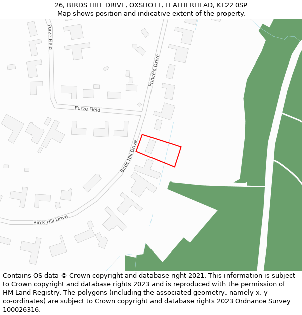 26, BIRDS HILL DRIVE, OXSHOTT, LEATHERHEAD, KT22 0SP: Location map and indicative extent of plot