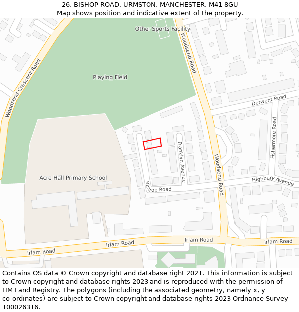 26, BISHOP ROAD, URMSTON, MANCHESTER, M41 8GU: Location map and indicative extent of plot