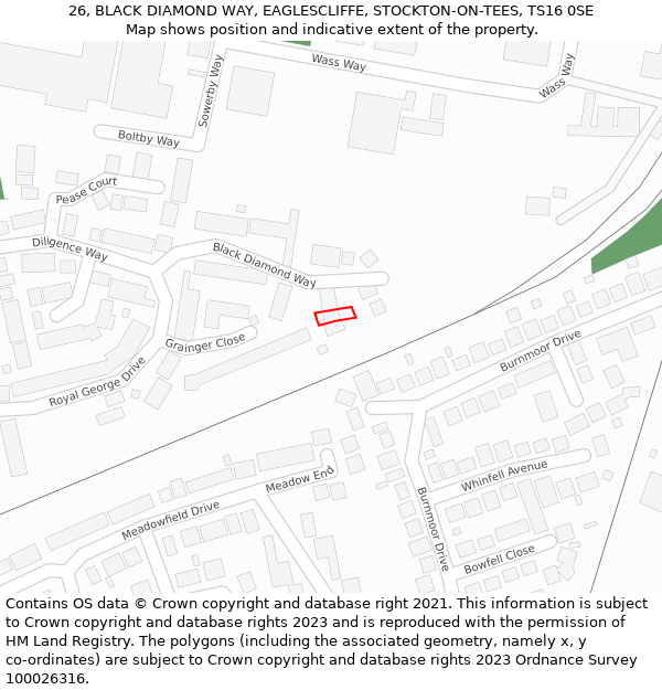 26, BLACK DIAMOND WAY, EAGLESCLIFFE, STOCKTON-ON-TEES, TS16 0SE: Location map and indicative extent of plot