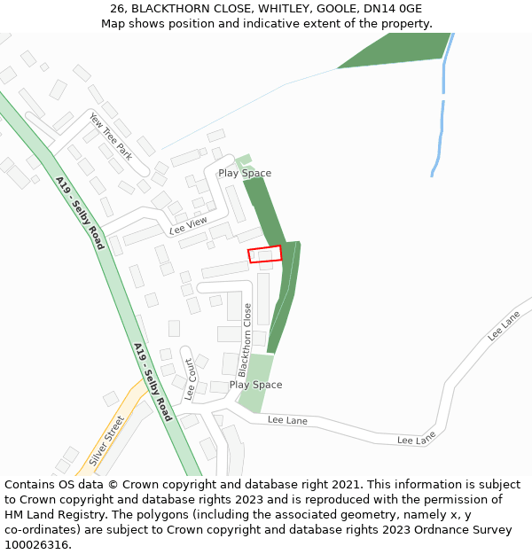 26, BLACKTHORN CLOSE, WHITLEY, GOOLE, DN14 0GE: Location map and indicative extent of plot