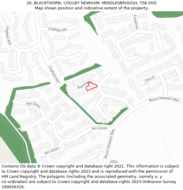 26, BLACKTHORN, COULBY NEWHAM, MIDDLESBROUGH, TS8 0XD: Location map and indicative extent of plot