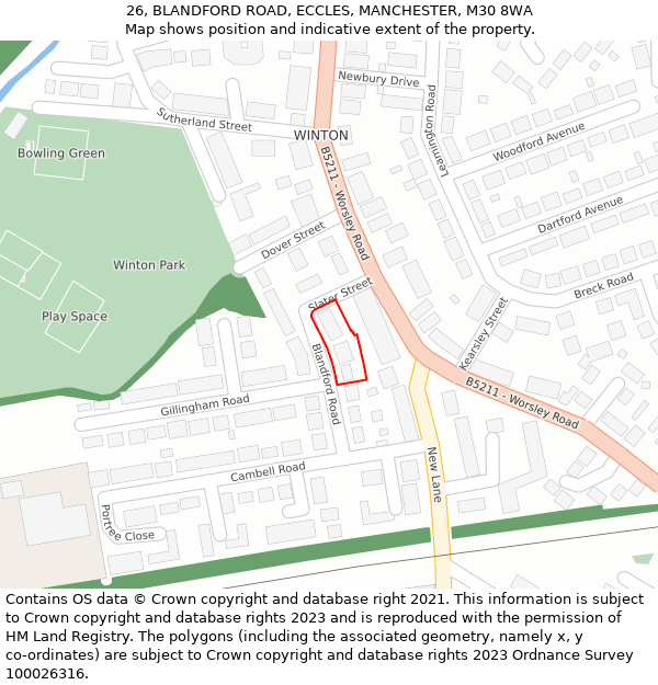 26, BLANDFORD ROAD, ECCLES, MANCHESTER, M30 8WA: Location map and indicative extent of plot