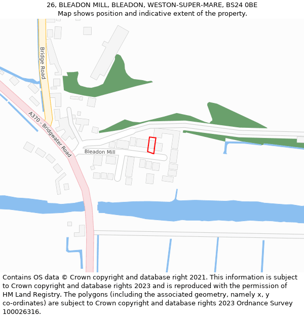 26, BLEADON MILL, BLEADON, WESTON-SUPER-MARE, BS24 0BE: Location map and indicative extent of plot