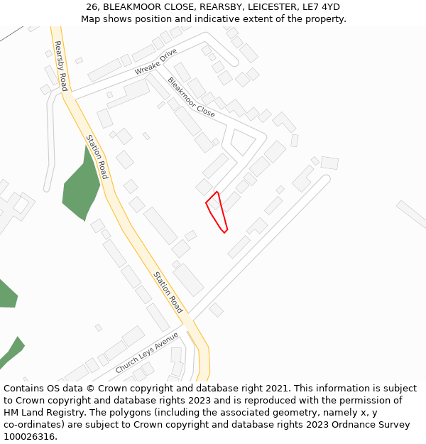 26, BLEAKMOOR CLOSE, REARSBY, LEICESTER, LE7 4YD: Location map and indicative extent of plot