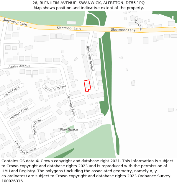 26, BLENHEIM AVENUE, SWANWICK, ALFRETON, DE55 1PQ: Location map and indicative extent of plot