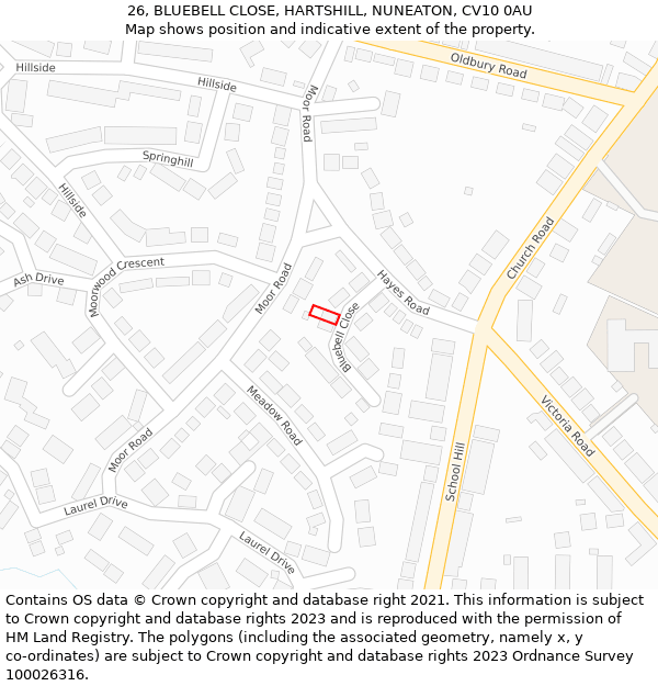 26, BLUEBELL CLOSE, HARTSHILL, NUNEATON, CV10 0AU: Location map and indicative extent of plot