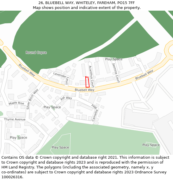 26, BLUEBELL WAY, WHITELEY, FAREHAM, PO15 7FF: Location map and indicative extent of plot