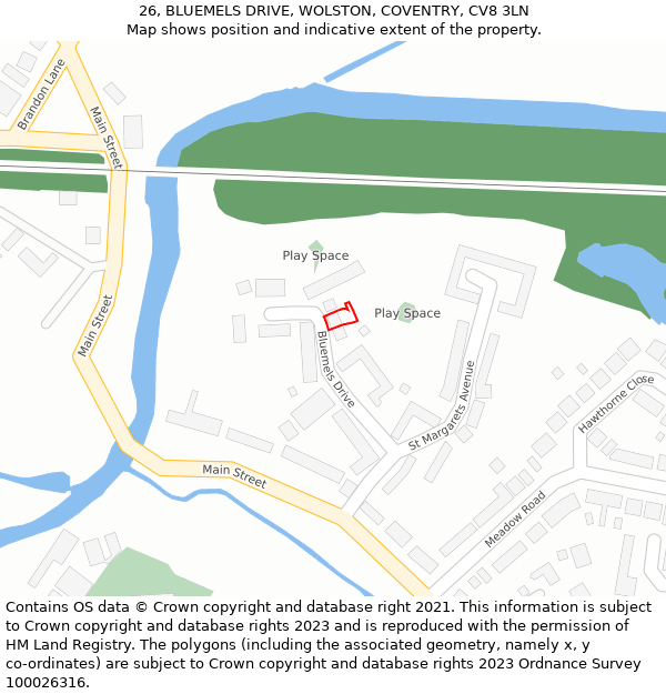 26, BLUEMELS DRIVE, WOLSTON, COVENTRY, CV8 3LN: Location map and indicative extent of plot