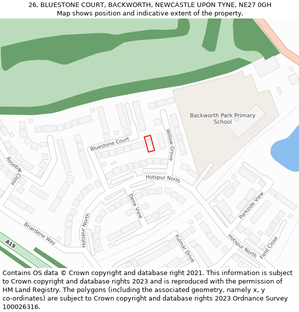 26, BLUESTONE COURT, BACKWORTH, NEWCASTLE UPON TYNE, NE27 0GH: Location map and indicative extent of plot