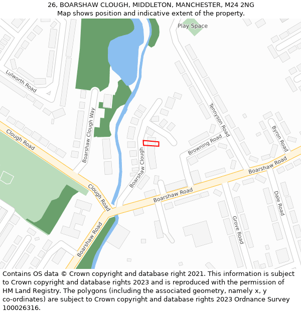 26, BOARSHAW CLOUGH, MIDDLETON, MANCHESTER, M24 2NG: Location map and indicative extent of plot