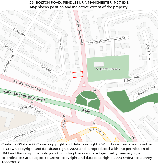 26, BOLTON ROAD, PENDLEBURY, MANCHESTER, M27 8XB: Location map and indicative extent of plot