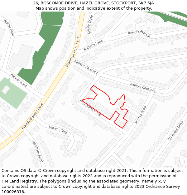 26, BOSCOMBE DRIVE, HAZEL GROVE, STOCKPORT, SK7 5JA: Location map and indicative extent of plot