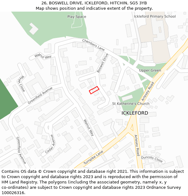 26, BOSWELL DRIVE, ICKLEFORD, HITCHIN, SG5 3YB: Location map and indicative extent of plot