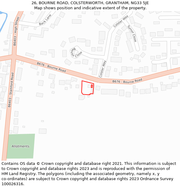 26, BOURNE ROAD, COLSTERWORTH, GRANTHAM, NG33 5JE: Location map and indicative extent of plot