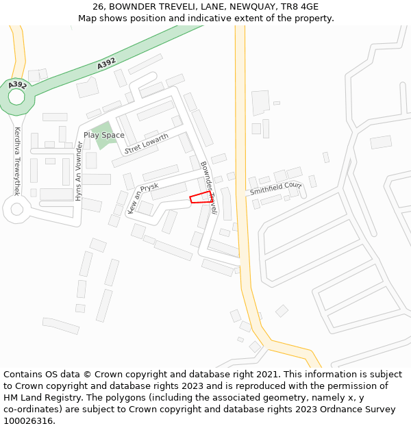 26, BOWNDER TREVELI, LANE, NEWQUAY, TR8 4GE: Location map and indicative extent of plot