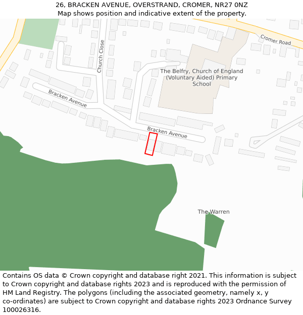 26, BRACKEN AVENUE, OVERSTRAND, CROMER, NR27 0NZ: Location map and indicative extent of plot