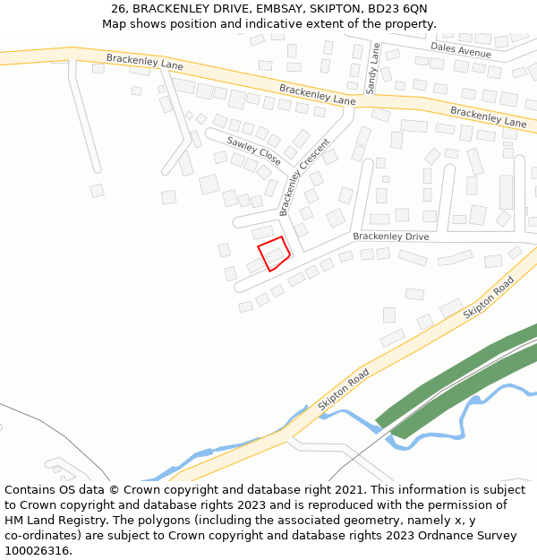 26, BRACKENLEY DRIVE, EMBSAY, SKIPTON, BD23 6QN: Location map and indicative extent of plot