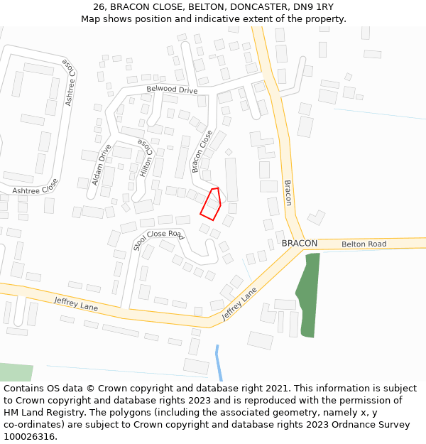 26, BRACON CLOSE, BELTON, DONCASTER, DN9 1RY: Location map and indicative extent of plot