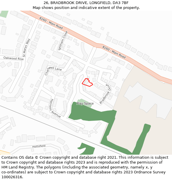 26, BRADBROOK DRIVE, LONGFIELD, DA3 7BF: Location map and indicative extent of plot