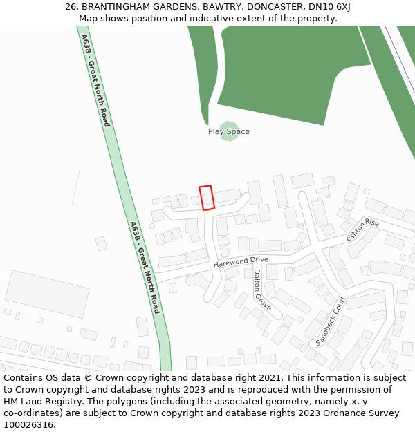 26, BRANTINGHAM GARDENS, BAWTRY, DONCASTER, DN10 6XJ: Location map and indicative extent of plot