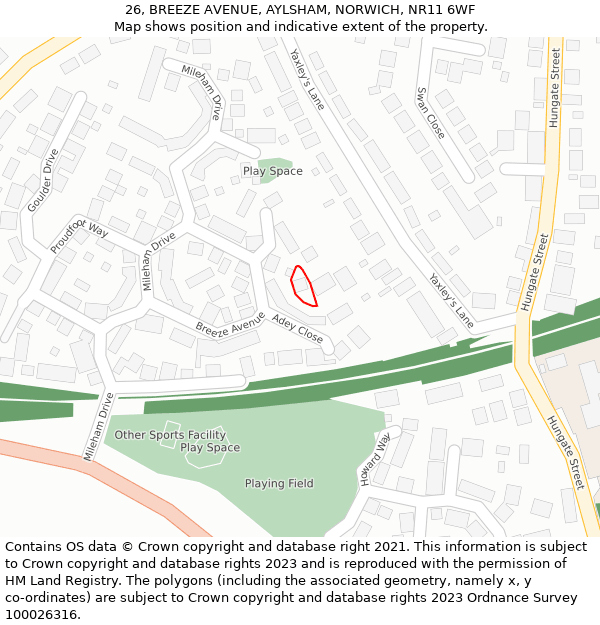 26, BREEZE AVENUE, AYLSHAM, NORWICH, NR11 6WF: Location map and indicative extent of plot