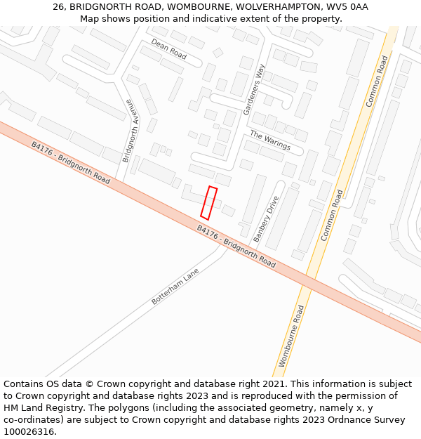 26, BRIDGNORTH ROAD, WOMBOURNE, WOLVERHAMPTON, WV5 0AA: Location map and indicative extent of plot