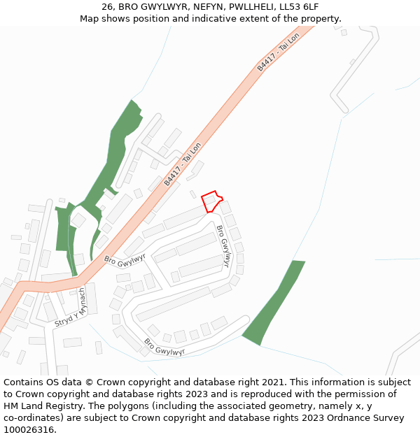 26, BRO GWYLWYR, NEFYN, PWLLHELI, LL53 6LF: Location map and indicative extent of plot