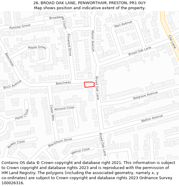 26, BROAD OAK LANE, PENWORTHAM, PRESTON, PR1 0UY: Location map and indicative extent of plot