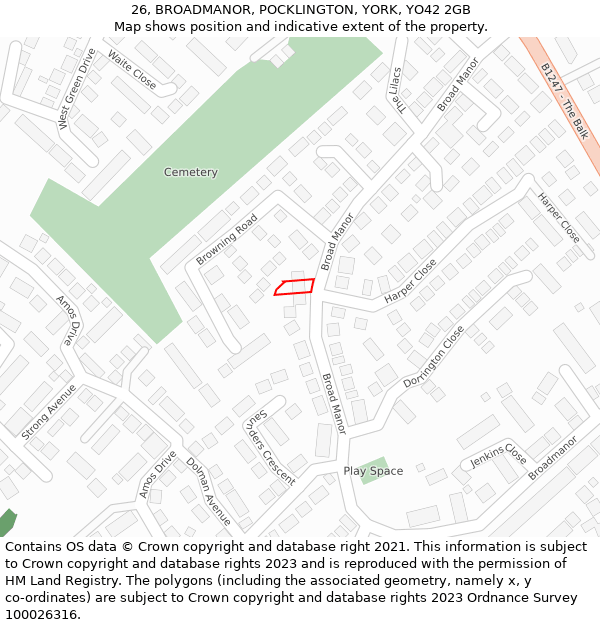 26, BROADMANOR, POCKLINGTON, YORK, YO42 2GB: Location map and indicative extent of plot