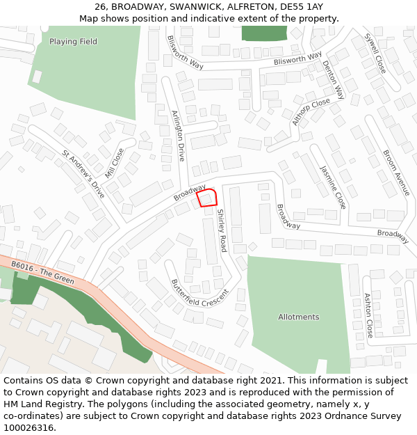 26, BROADWAY, SWANWICK, ALFRETON, DE55 1AY: Location map and indicative extent of plot