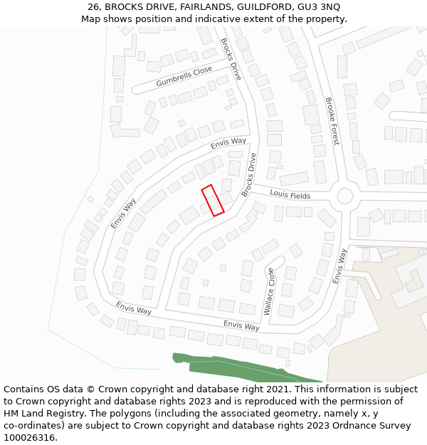 26, BROCKS DRIVE, FAIRLANDS, GUILDFORD, GU3 3NQ: Location map and indicative extent of plot