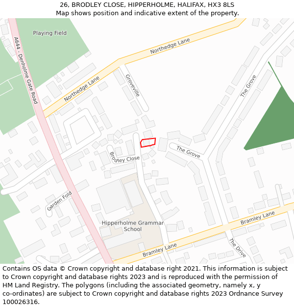 26, BRODLEY CLOSE, HIPPERHOLME, HALIFAX, HX3 8LS: Location map and indicative extent of plot