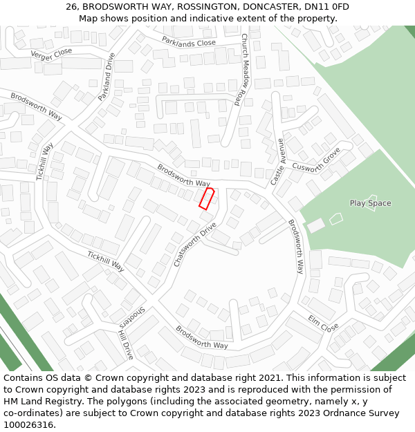 26, BRODSWORTH WAY, ROSSINGTON, DONCASTER, DN11 0FD: Location map and indicative extent of plot