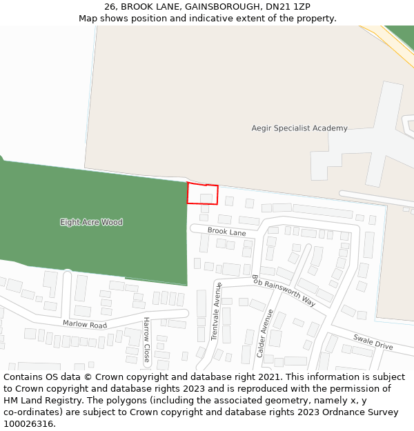 26, BROOK LANE, GAINSBOROUGH, DN21 1ZP: Location map and indicative extent of plot