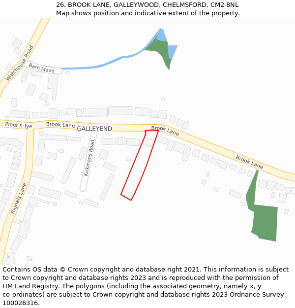 26, BROOK LANE, GALLEYWOOD, CHELMSFORD, CM2 8NL: Location map and indicative extent of plot