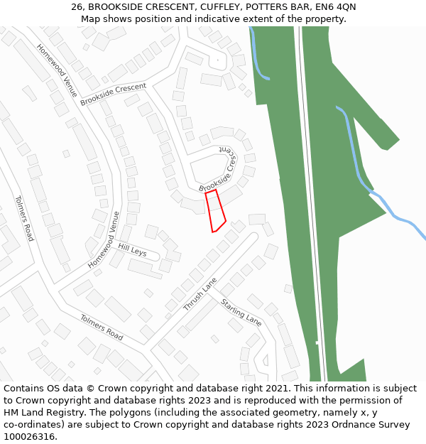 26, BROOKSIDE CRESCENT, CUFFLEY, POTTERS BAR, EN6 4QN: Location map and indicative extent of plot