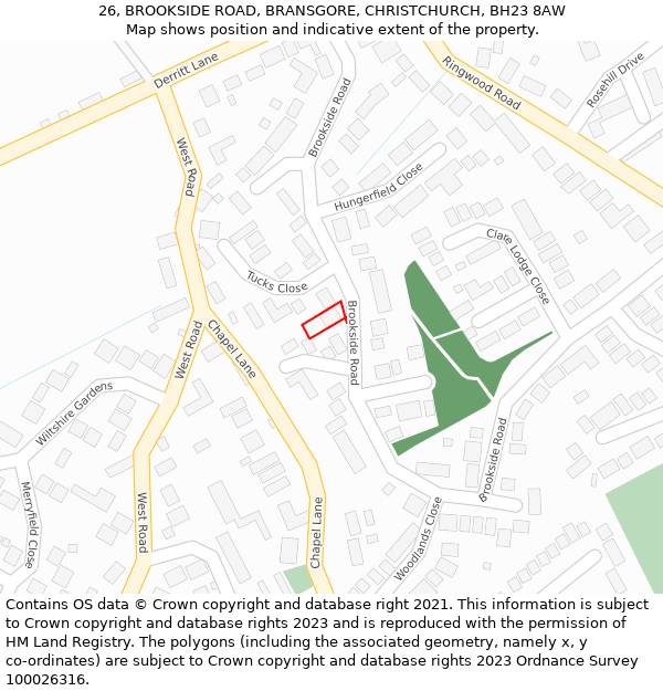 26, BROOKSIDE ROAD, BRANSGORE, CHRISTCHURCH, BH23 8AW: Location map and indicative extent of plot
