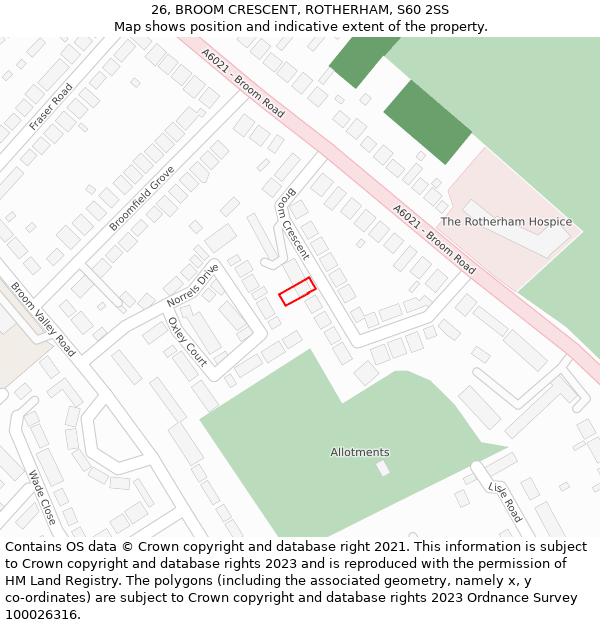 26, BROOM CRESCENT, ROTHERHAM, S60 2SS: Location map and indicative extent of plot