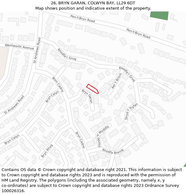 26, BRYN GARAN, COLWYN BAY, LL29 6DT: Location map and indicative extent of plot