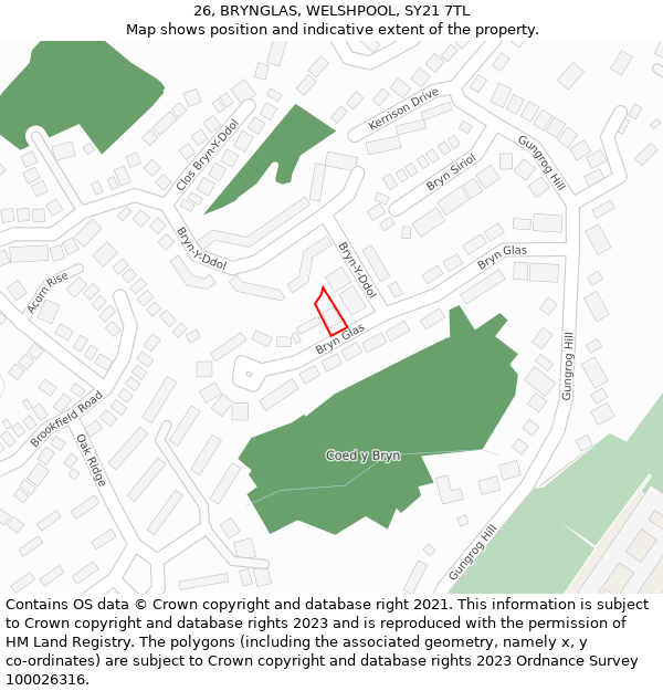 26, BRYNGLAS, WELSHPOOL, SY21 7TL: Location map and indicative extent of plot