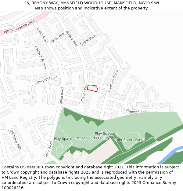 26, BRYONY WAY, MANSFIELD WOODHOUSE, MANSFIELD, NG19 9AN: Location map and indicative extent of plot