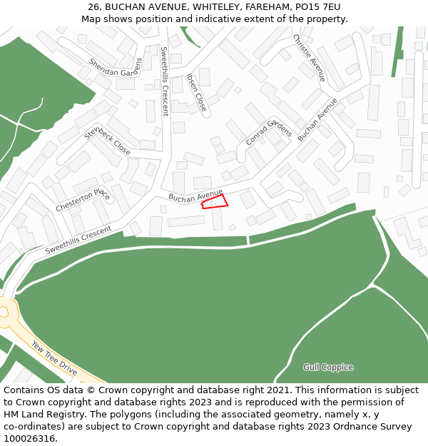 26, BUCHAN AVENUE, WHITELEY, FAREHAM, PO15 7EU: Location map and indicative extent of plot