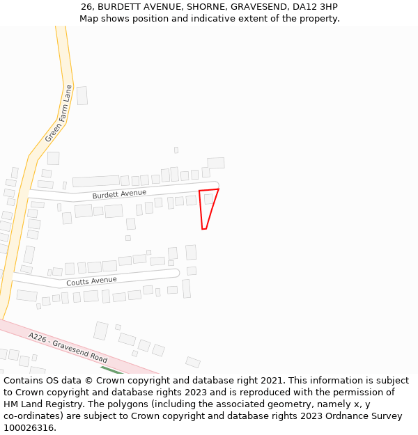 26, BURDETT AVENUE, SHORNE, GRAVESEND, DA12 3HP: Location map and indicative extent of plot