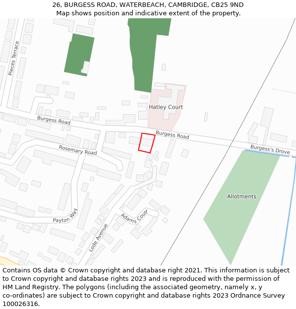 26, BURGESS ROAD, WATERBEACH, CAMBRIDGE, CB25 9ND: Location map and indicative extent of plot