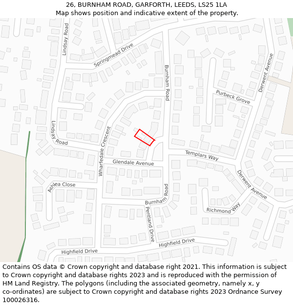 26, BURNHAM ROAD, GARFORTH, LEEDS, LS25 1LA: Location map and indicative extent of plot