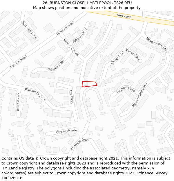 26, BURNSTON CLOSE, HARTLEPOOL, TS26 0EU: Location map and indicative extent of plot